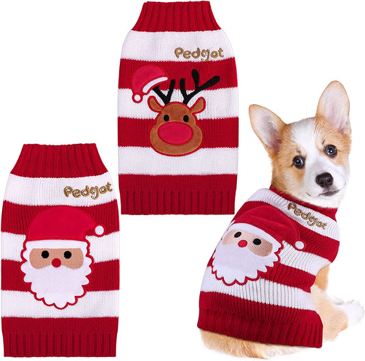 2 Pack Pet Christmas Sweaters Dog Holiday Sweater with Reindeer and Santa, Puppy Clothing Red and White Striped Pet Winter Knitwear Pet Warm Clothes (L)