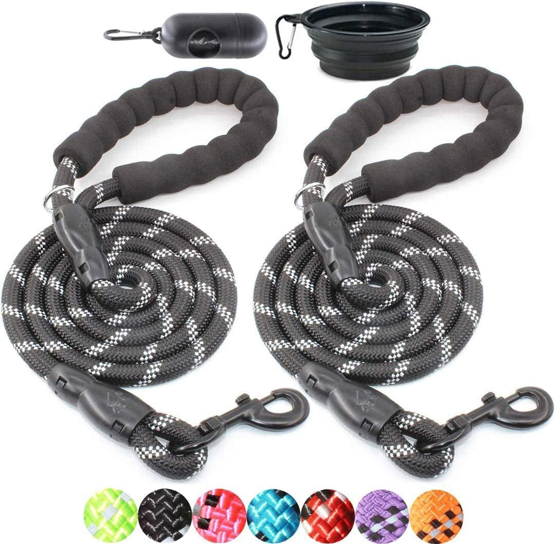 2 Packs 5/6 FT Dog Leash with Comfortable Padded Handle and Highly Reflective Threads Dog Leashes for Small Medium and Large Dogs (5FT-1/2'', Black+Black)