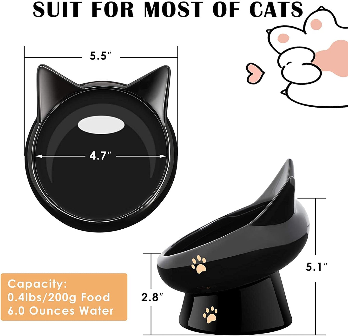 Cat Bowl, Raised Cat Food Bowls anti Vomiting, Handmade Elevated Cat Bowl, Ceramic Pet Food Bowl for Flat-Faced Cats, Small Dogs, Protect Pet'S Spine,Dishwasher Safe, Black and White, 2Pcs (Bowl-2)