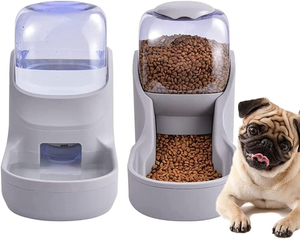 Automatic Cat Feeder and Dog Water Dispenser,Pet Food Bowl, Gravity Food Feeder and Waterer Set for Small Medium Dog Puppy Kitten, Large Capacity 1 Gallon X 2 (Grey)