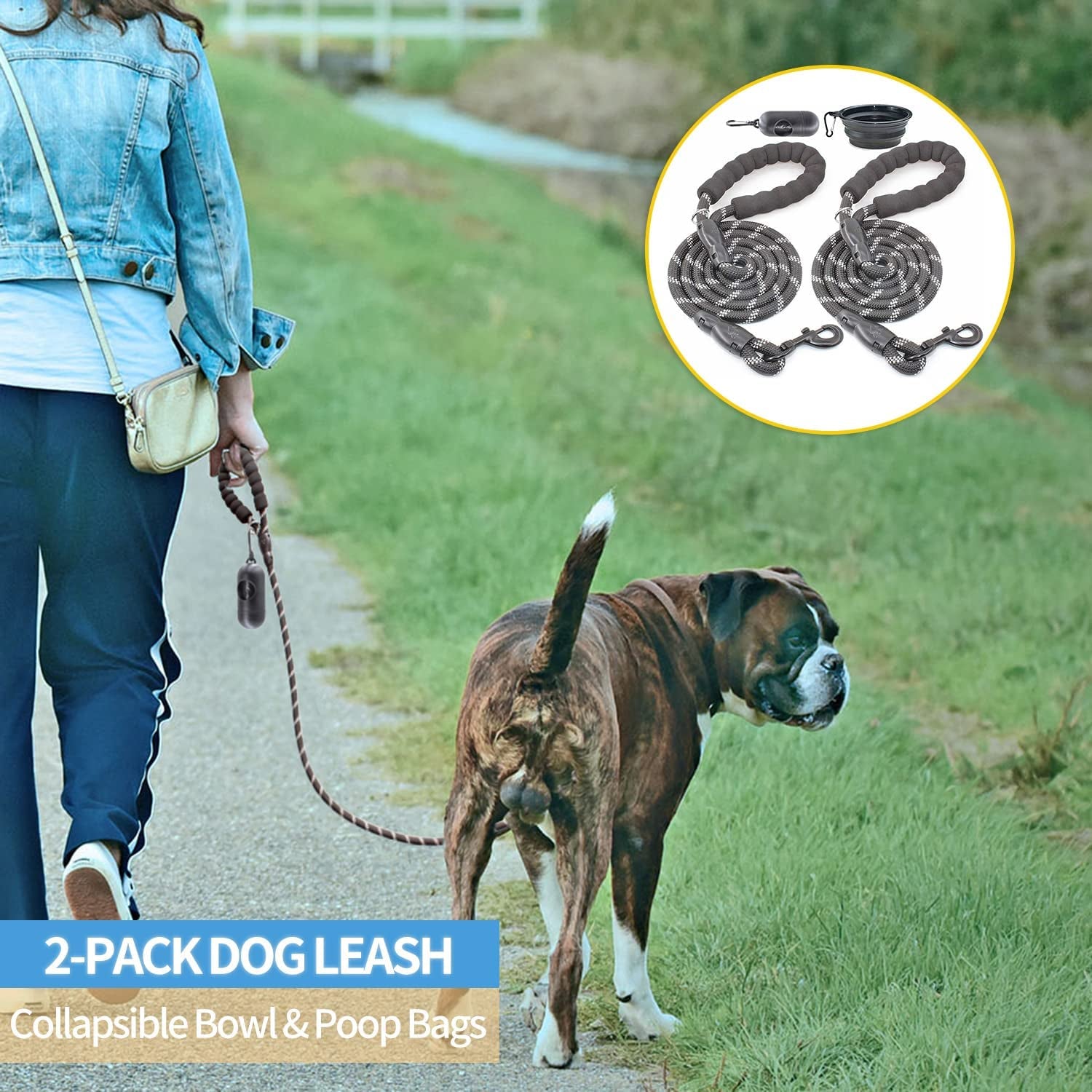 2 Packs 5/6 FT Dog Leash with Comfortable Padded Handle and Highly Reflective Threads Dog Leashes for Small Medium and Large Dogs (5FT-1/2'', Black+Black)