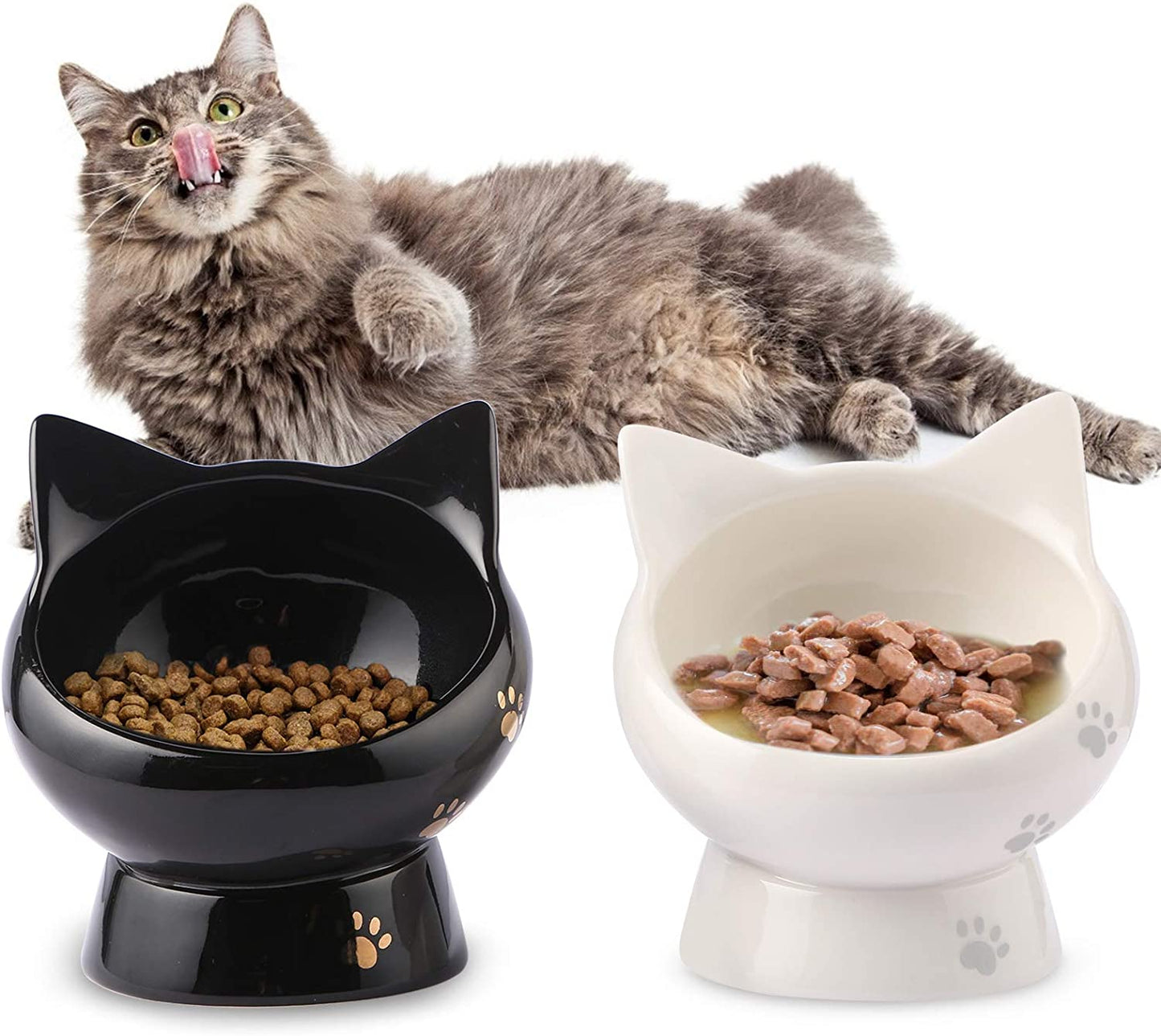 Cat Bowl, Raised Cat Food Bowls anti Vomiting, Handmade Elevated Cat Bowl, Ceramic Pet Food Bowl for Flat-Faced Cats, Small Dogs, Protect Pet'S Spine,Dishwasher Safe, Black and White, 2Pcs (Bowl-2)