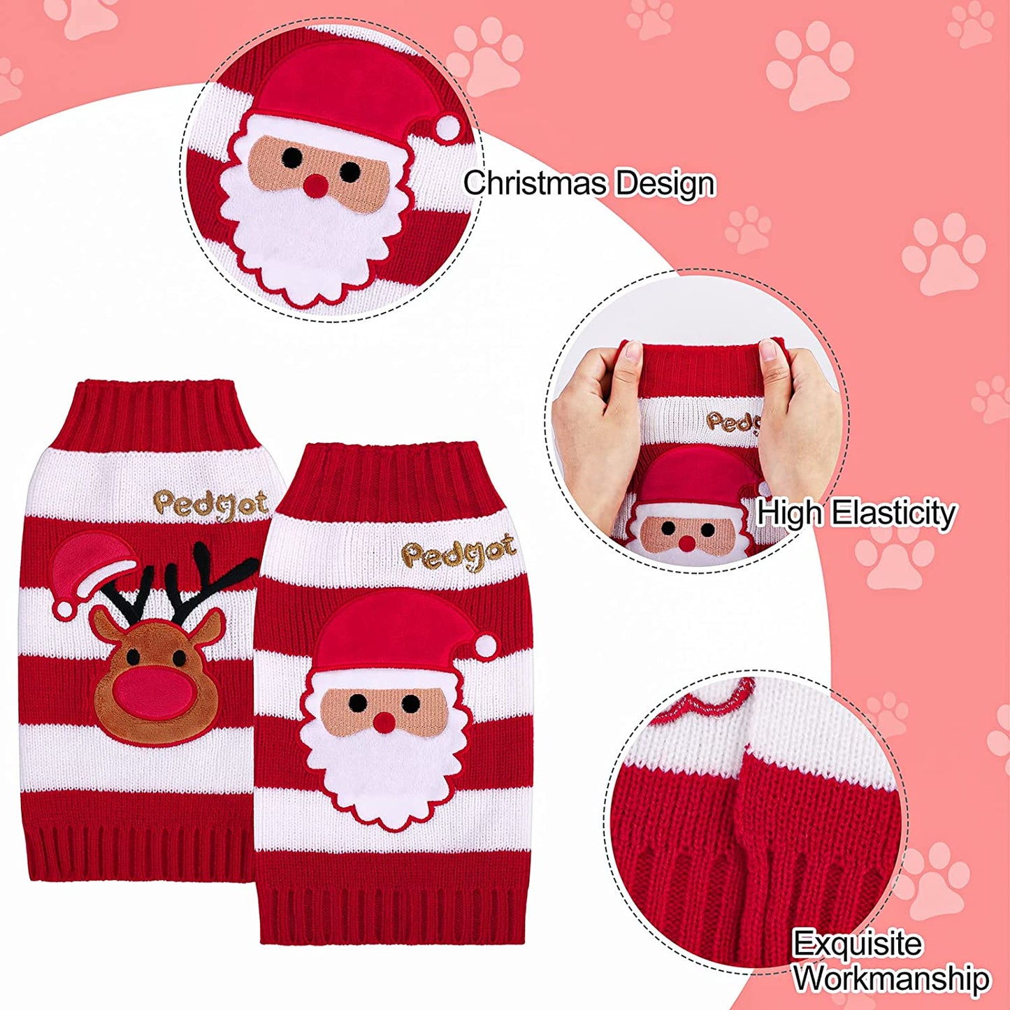 2 Pack Pet Christmas Sweaters Dog Holiday Sweater with Reindeer and Santa, Puppy Clothing Red and White Striped Pet Winter Knitwear Pet Warm Clothes (L)