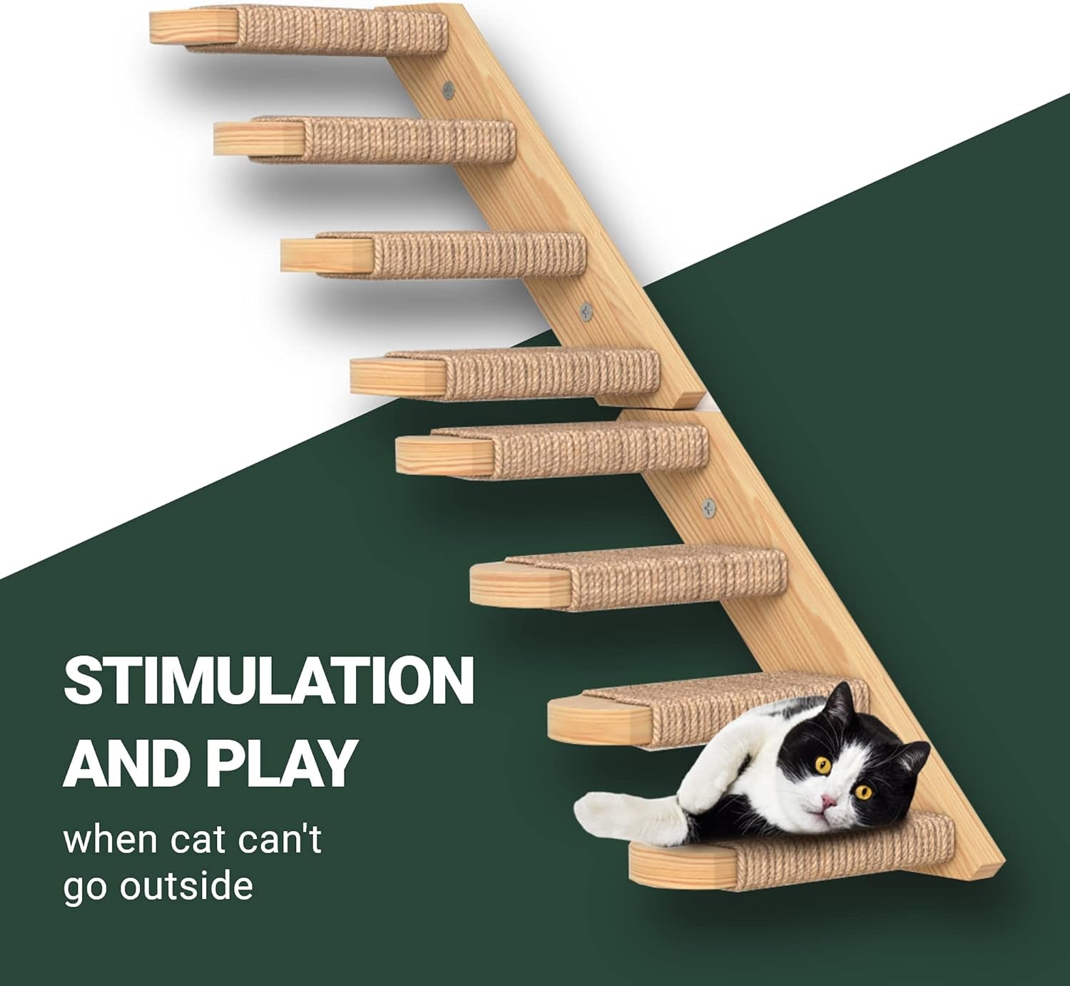 Cat Wall Steps - Solid Rubber Wood Cat Stairs Great for Scratching and Climbing - Easy to Install Wall Mounted Cat Shelves for Playful Cats (Wood, Right-Left)