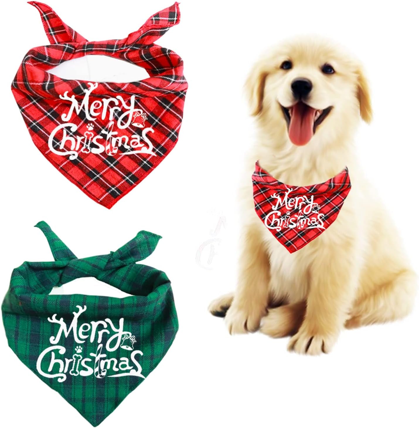 2 Pack Dog Bandana Merry Christmas Bell Classic Plaid Pet Scarf Triangle Bibs Kerchief Print Pet Bandana with Small Large Dogs Cats Pets